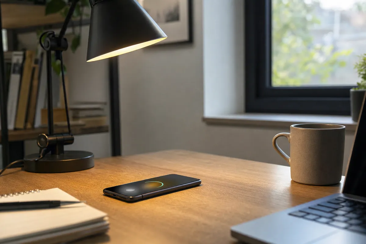 Smartphone sul tavolo sotto una lampada da scrivania, con luce che entra dalla finestra in un angolo home office