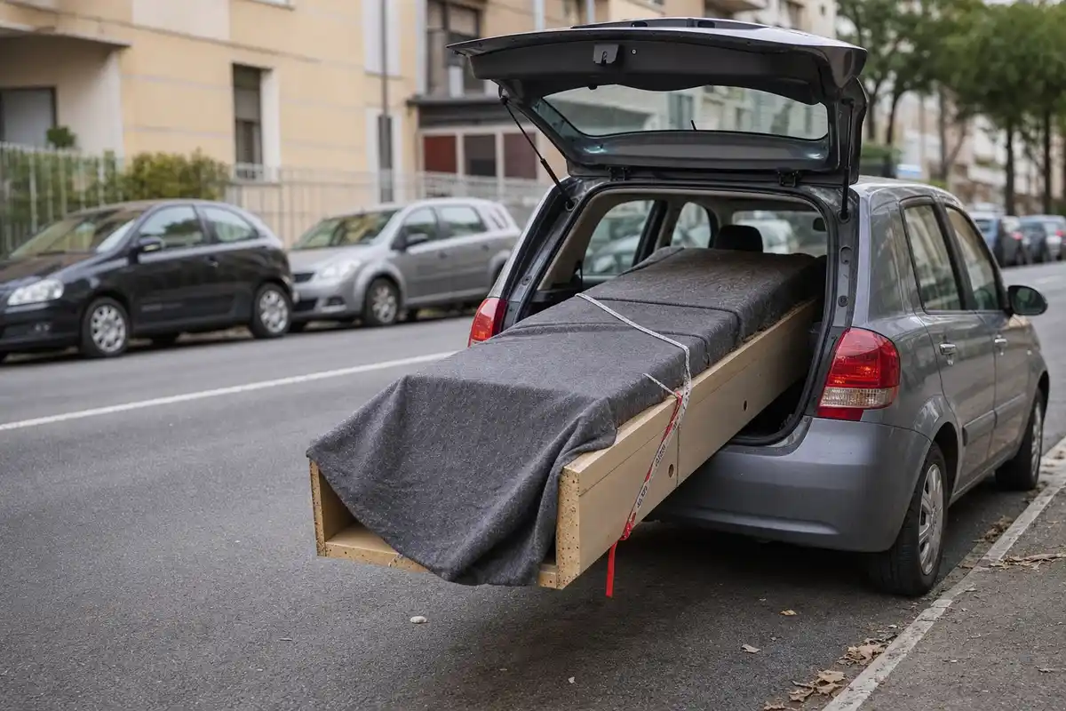 Auto hatchback grigia con portellone aperto e mobile lungo legato con cinghie che sporge dal bagagliaio