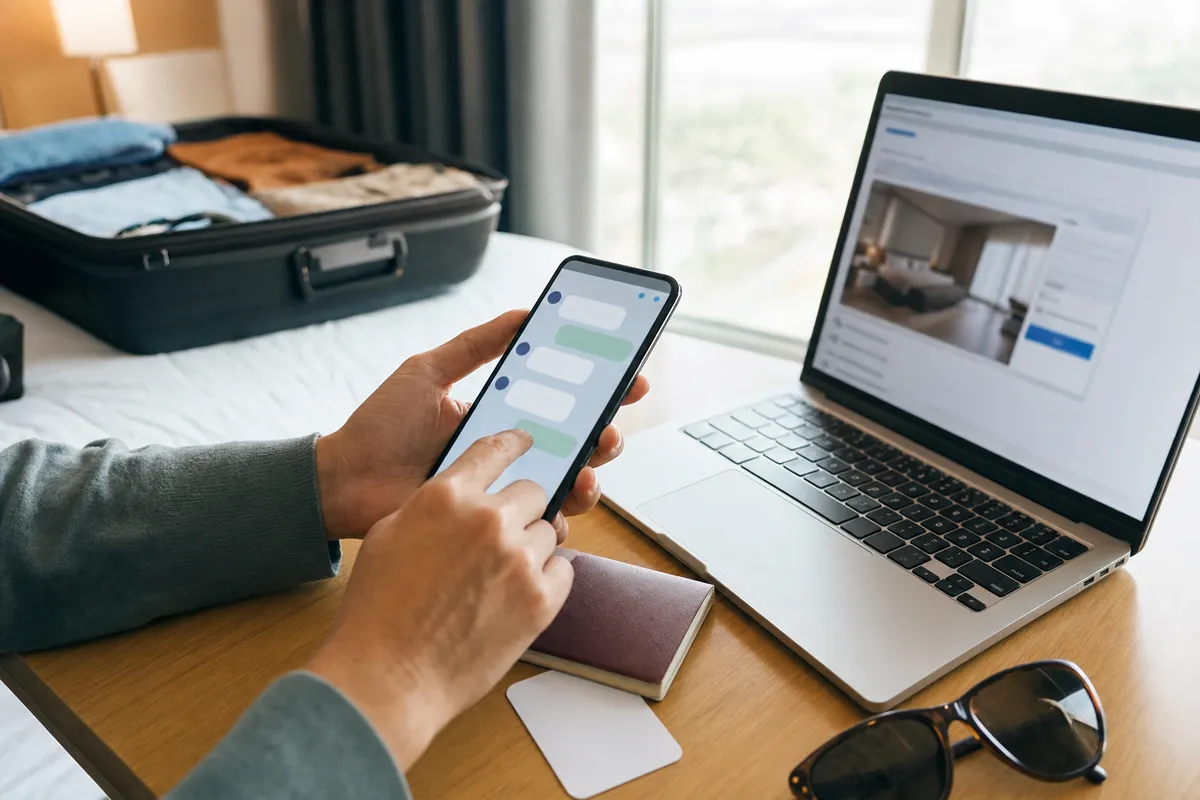 Viaggiatore con smartphone e laptop aperto su una prenotazione, con valigia, passaporto e occhiali sul tavolo