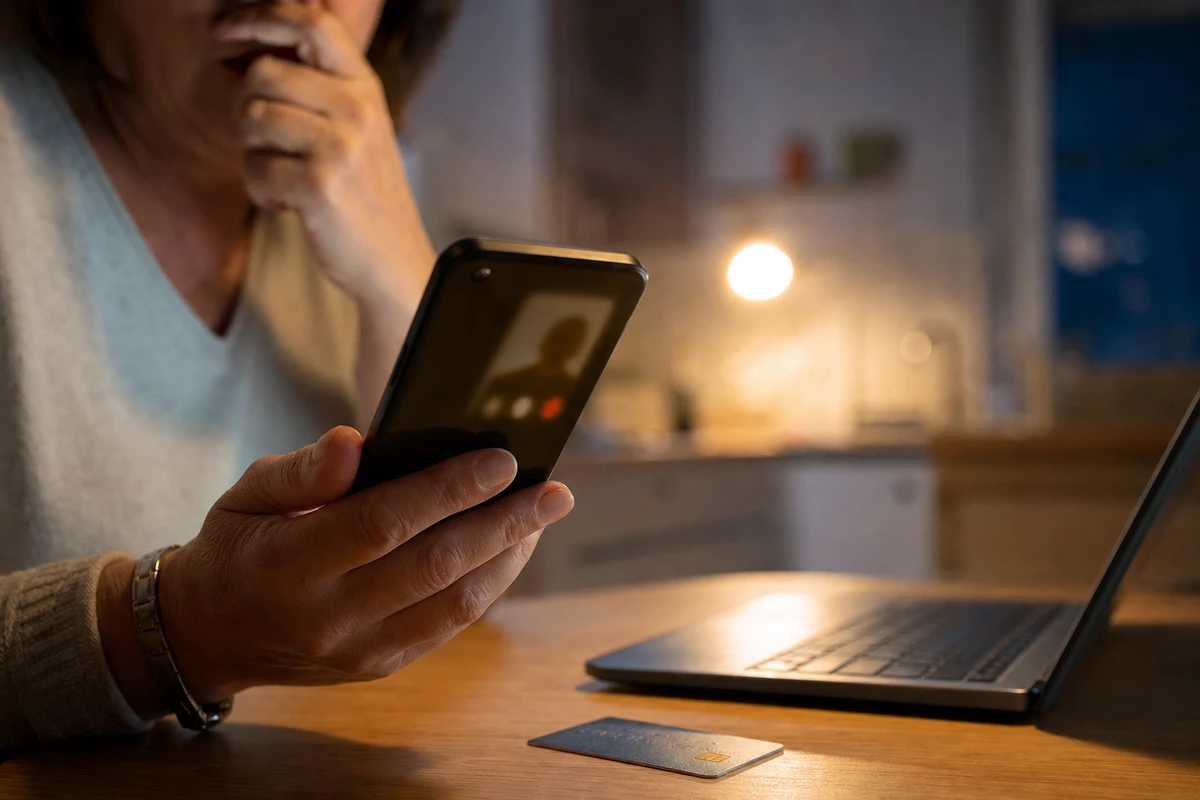 Persona preoccupata con smartphone in mano, laptop aperto e carta bancaria sul tavolo in casa di sera
