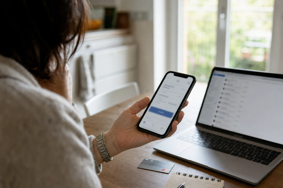 Persona al tavolo con smartphone e laptop aperto, con carta di pagamento e taccuino, indecisa su un’operazione bancaria