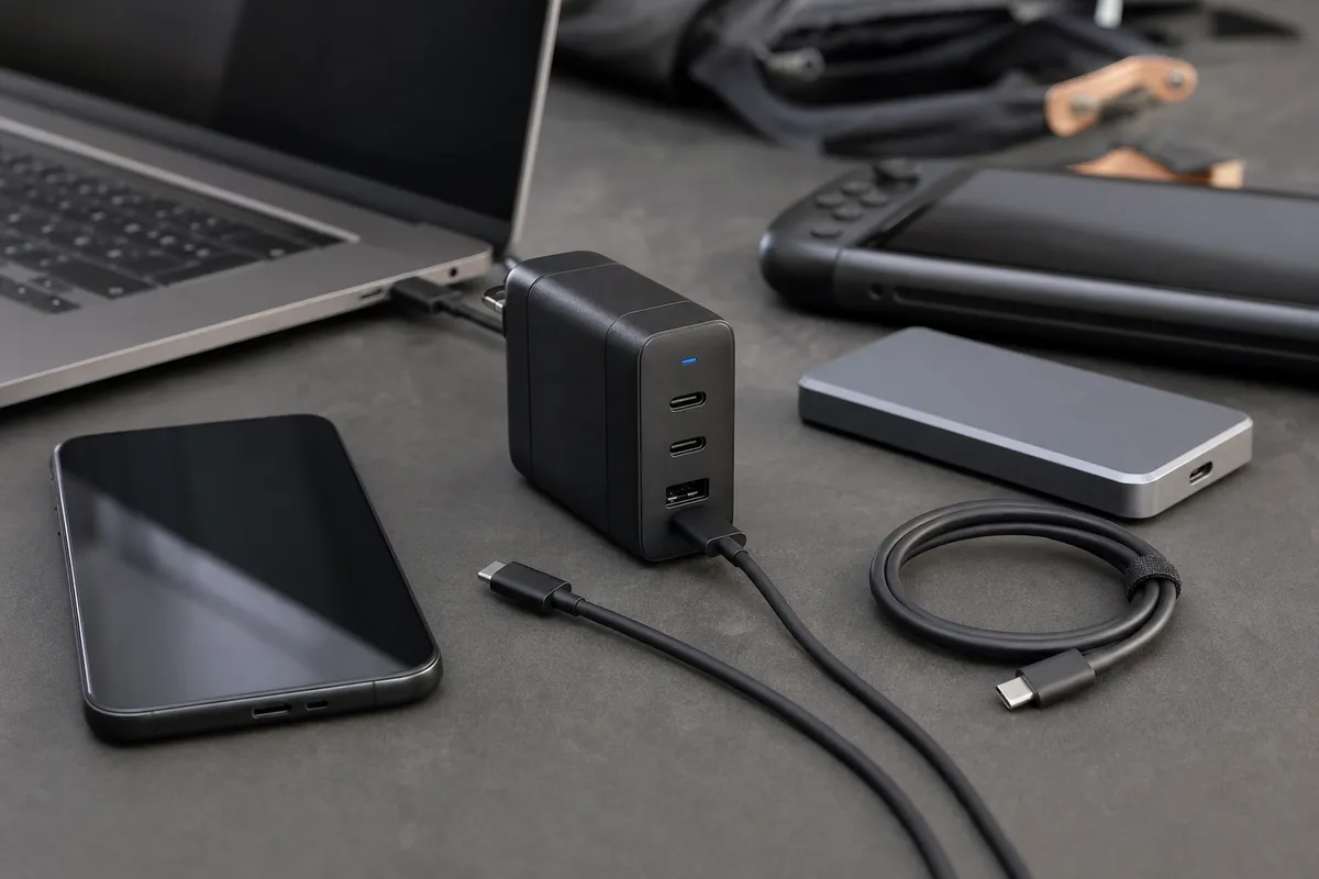 Caricatore multiporta USB-C con cavi, laptop, smartphone e SSD esterno su scrivania
