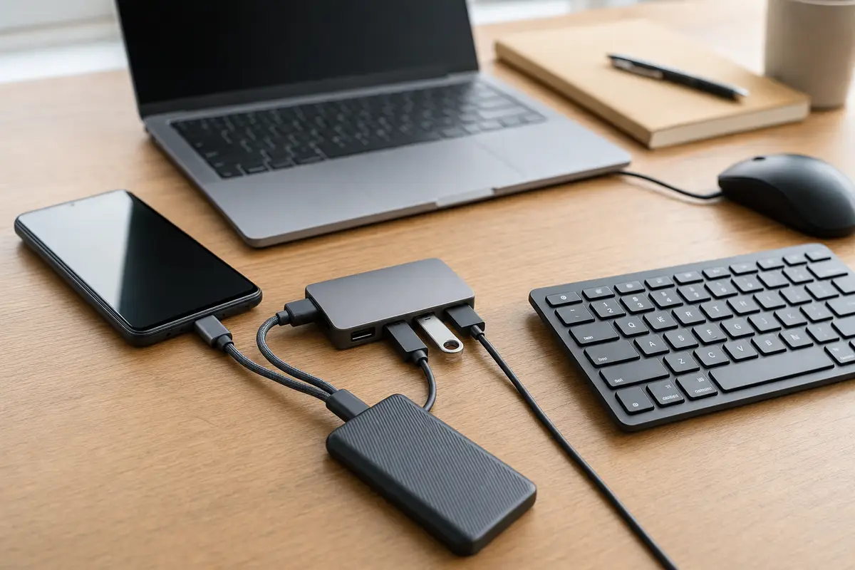 Smartphone collegato via USB-C a un hub con tastiera, mouse, chiavetta USB e SSD su scrivania con laptop sullo sfondo