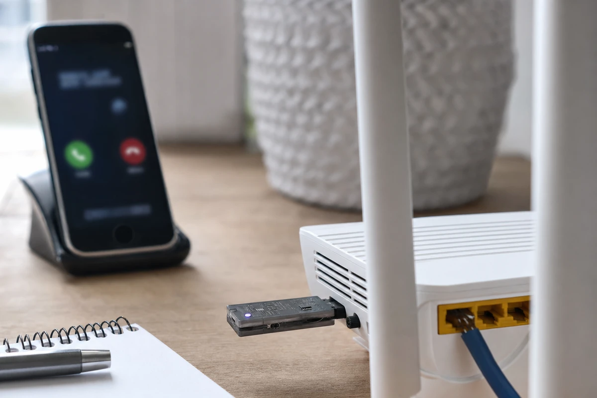 Dongle USB inserito nella porta di un router Wi‑Fi su una scrivania, con smartphone sfocato che mostra una chiamata in arrivo
