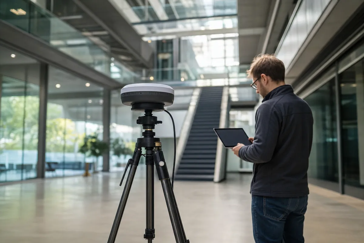 Ricevitore GNSS su treppiede in atrio moderno, tecnico con tablet sullo sfondo
