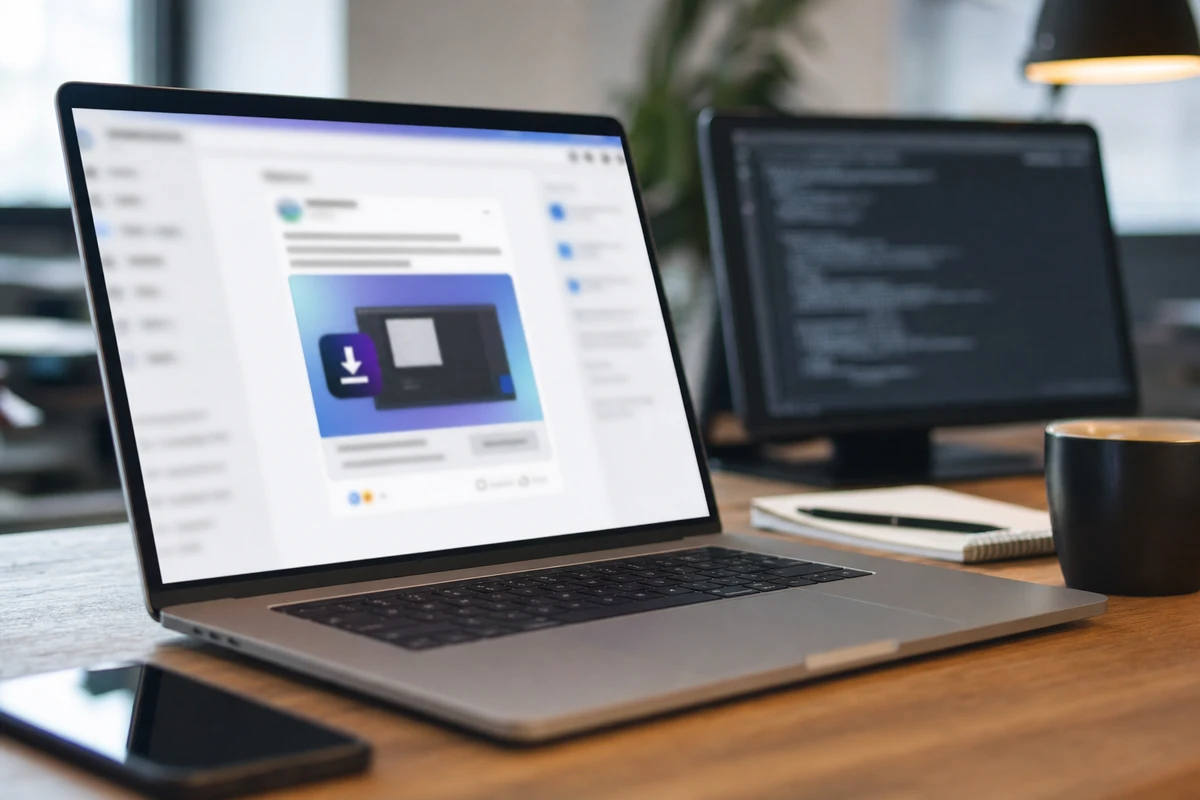 Laptop su una scrivania con post sponsorizzato sfocato sullo schermo e finestra di terminale su un monitor sullo sfondo