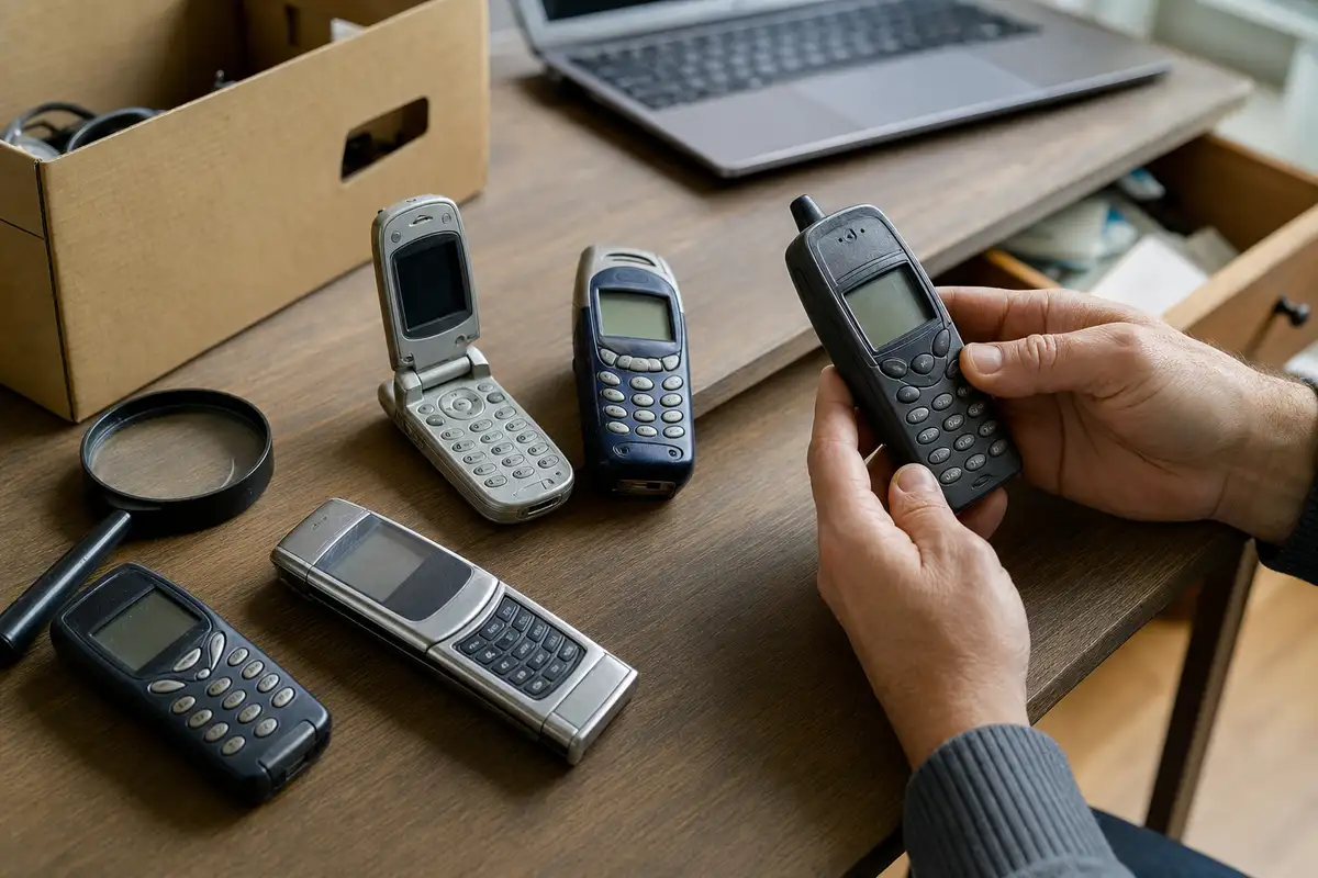 Vecchi cellulari con tastierino su una scrivania, con mani che ne ispezionano uno e lente d’ingrandimento