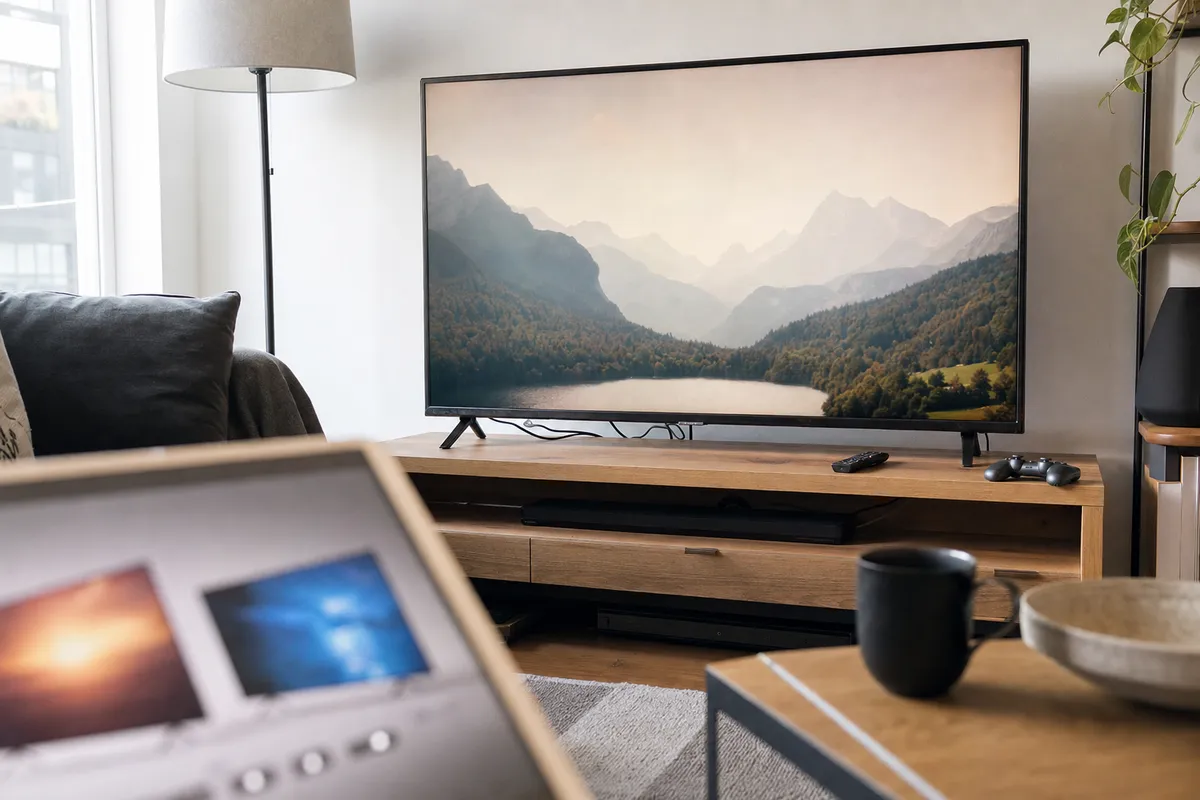 TV a schermo piatto su mobile in salotto con paesaggio montano sullo schermo, telecomando e controller accanto