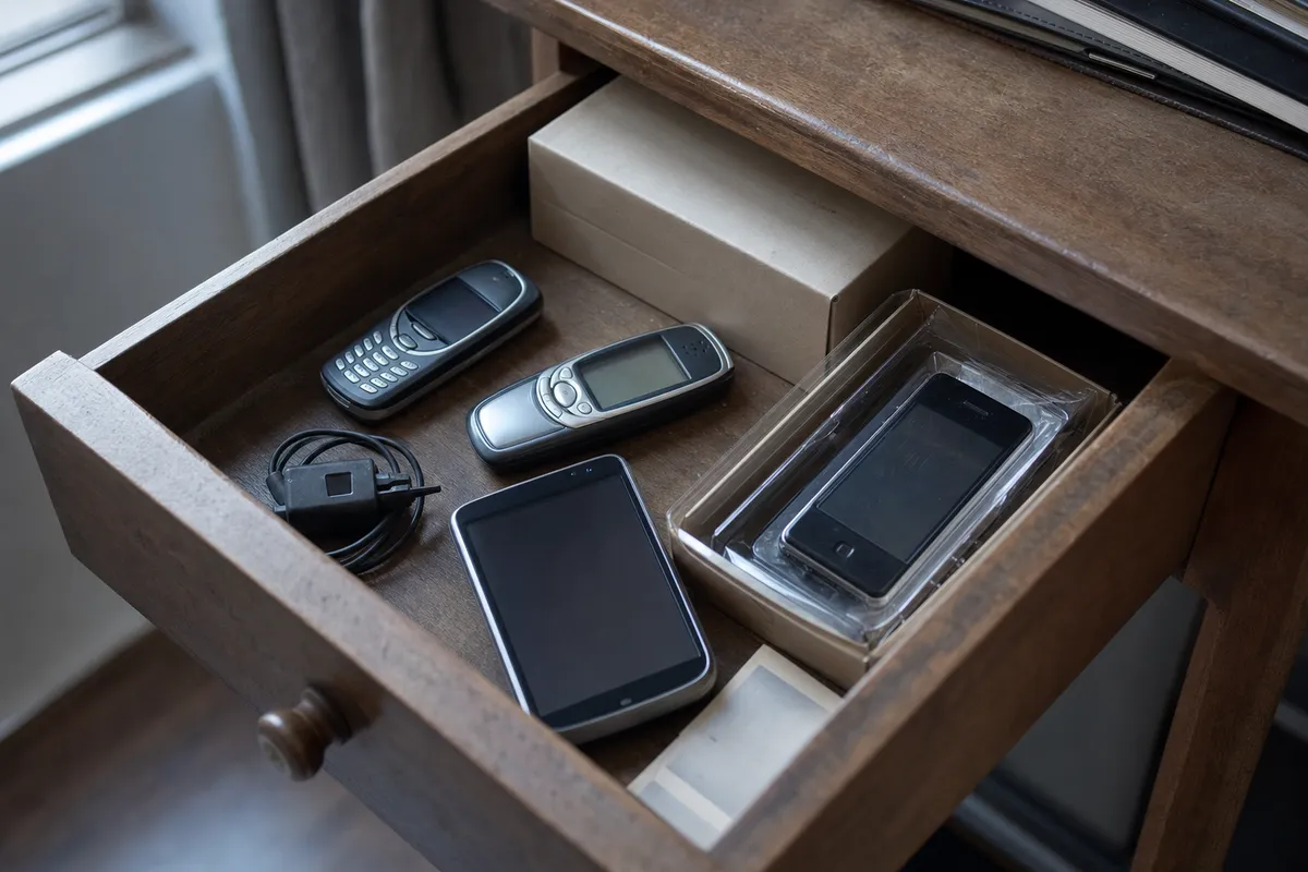 Cassetto di legno aperto con vecchi cellulari, caricatore e uno smartphone in confezione trasparente