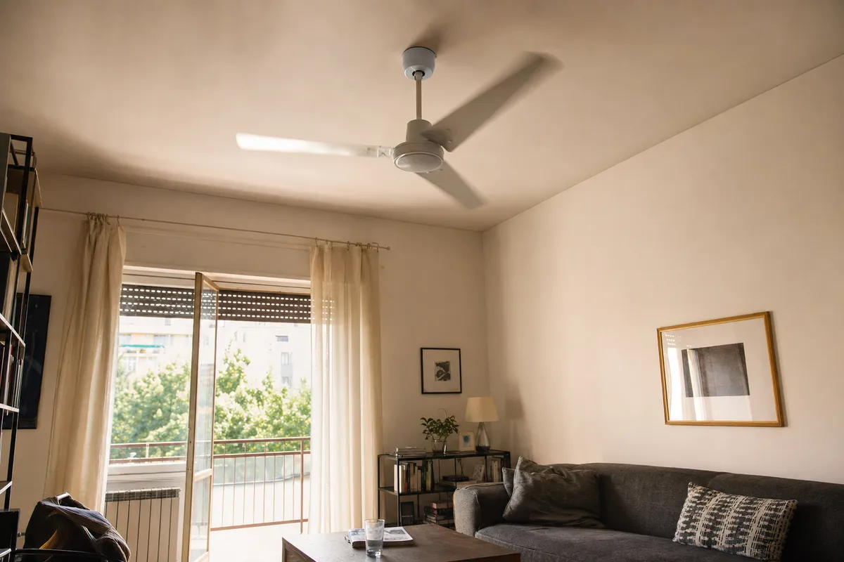 Ventilatore a soffitto in funzione in un soggiorno luminoso con divano, tavolino e finestra aperta con tende