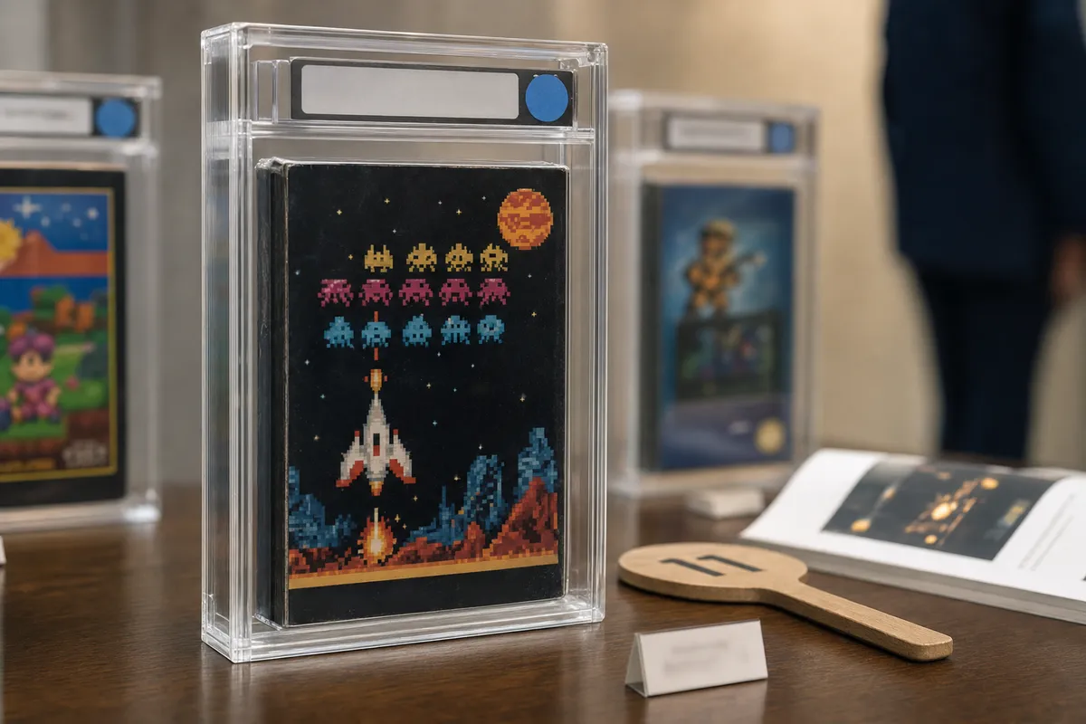 Videogioco vintage sigillato in teca di grading su tavolo d’asta, con altri lotti sfocati sullo sfondo