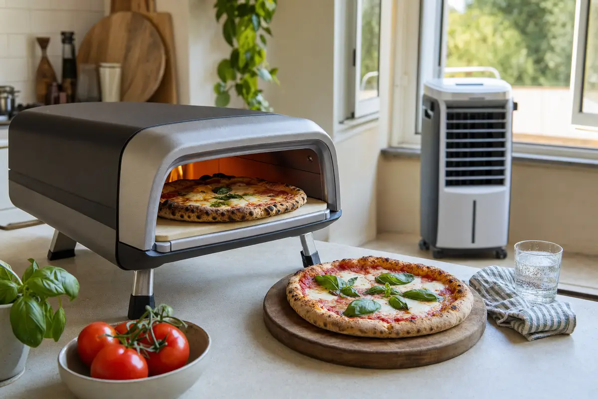 Forno pizza da banco con pizza margherita e raffreddatore portatile vicino alla finestra in cucina