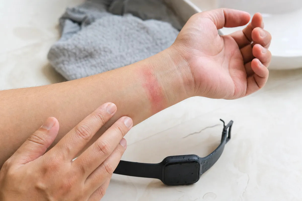 Polso con arrossamento da cinturino e smartwatch nero appoggiato sul piano, mentre una mano indica l’irritazione