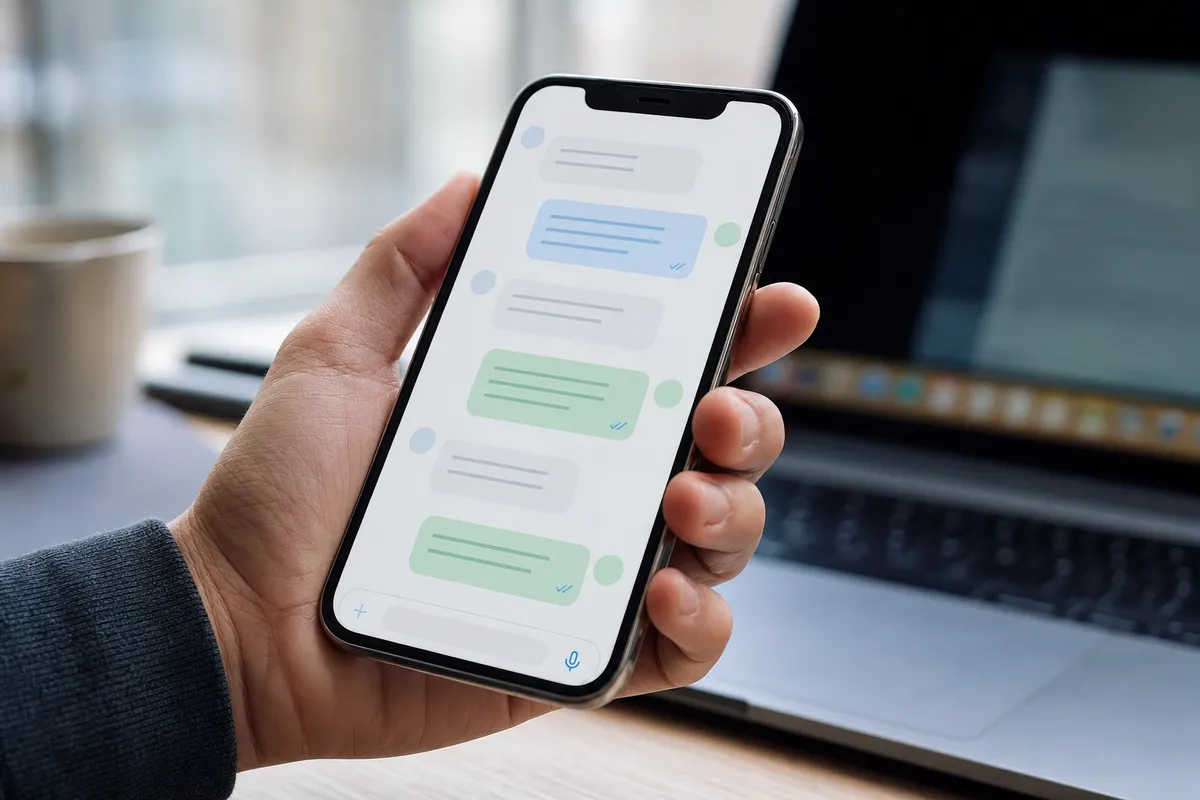 Smartphone in mano con schermata chat e bolle dei messaggi arrotondate azzurre e verdi, laptop sfocato sullo sfondo