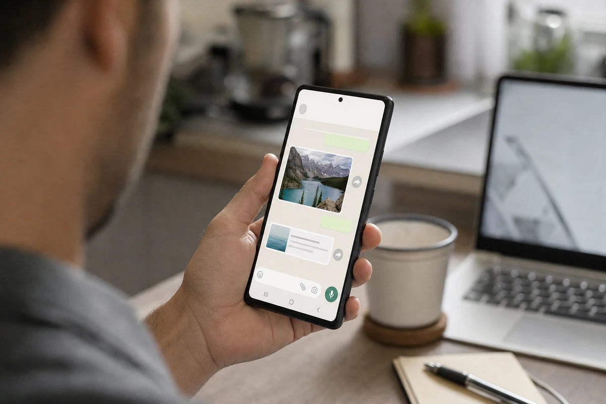 Persona al tavolo con smartphone Android che mostra una chat con foto e anteprima link e piccole icone di inoltro