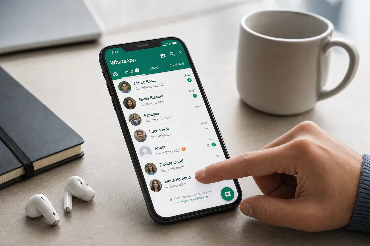 Smartphone con WhatsApp aperto sulla lista chat, dito che indica lo schermo su una scrivania con tazza e auricolari