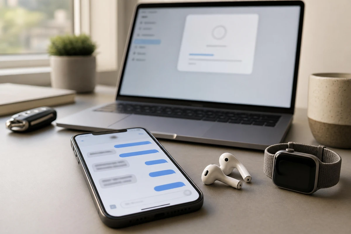 Smartphone con chat sfocata su scrivania, con auricolari wireless, smartwatch e laptop con schermata di aggiornamento