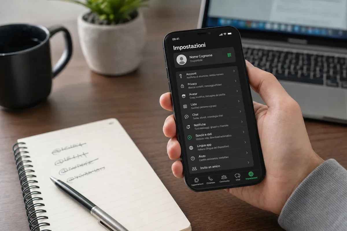 Smartphone con schermata Impostazioni di WhatsApp in mano su scrivania con taccuino, penna e laptop sullo sfondo