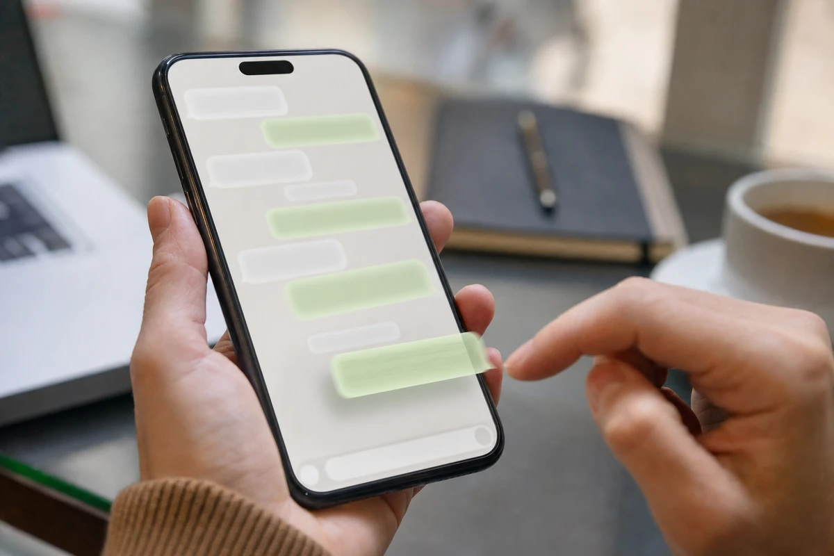 Mano che usa uno smartphone con chat di messaggistica e fumetti sfocati, un messaggio evidenziato in movimento