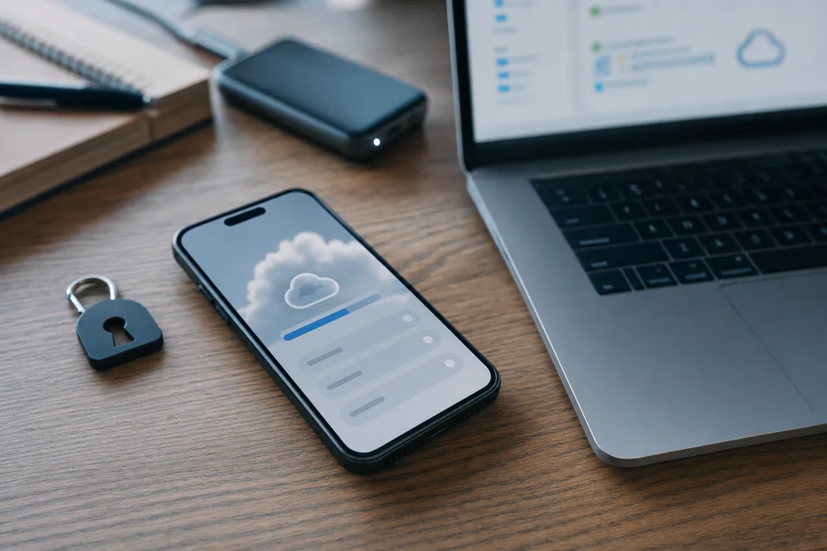Smartphone con icona cloud e barra di avanzamento su scrivania, accanto a lucchetto e laptop