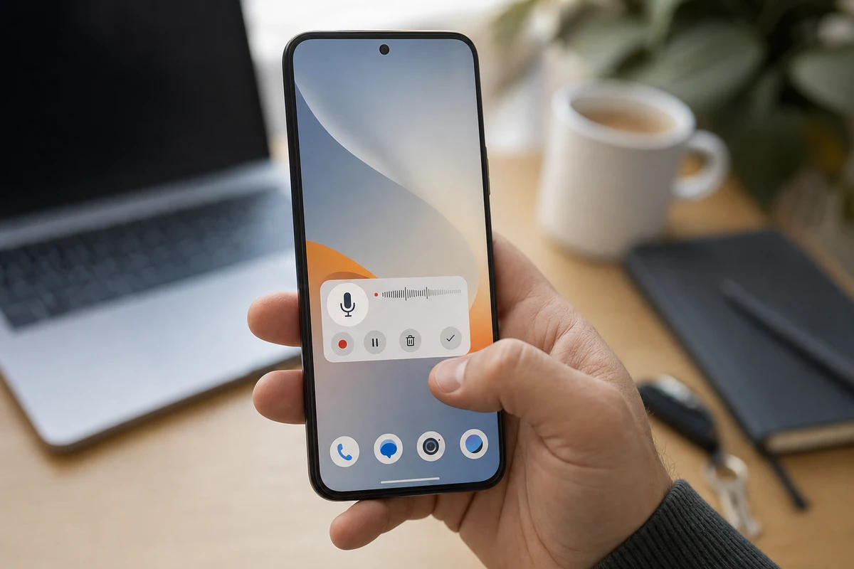 Smartphone Android in mano con widget per registrare un messaggio vocale e pulsanti di controllo sulla Home