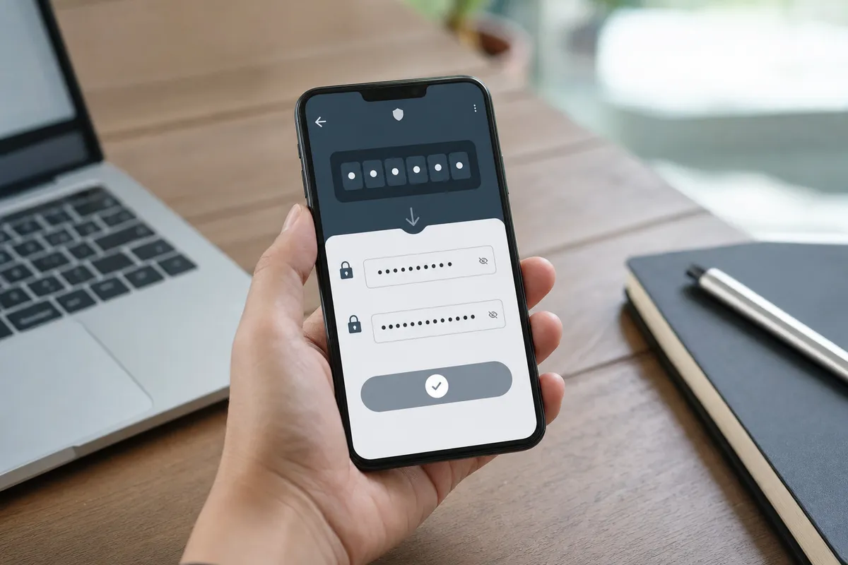 Mano che regge uno smartphone con schermata di verifica in due passaggi e campi password su una scrivania