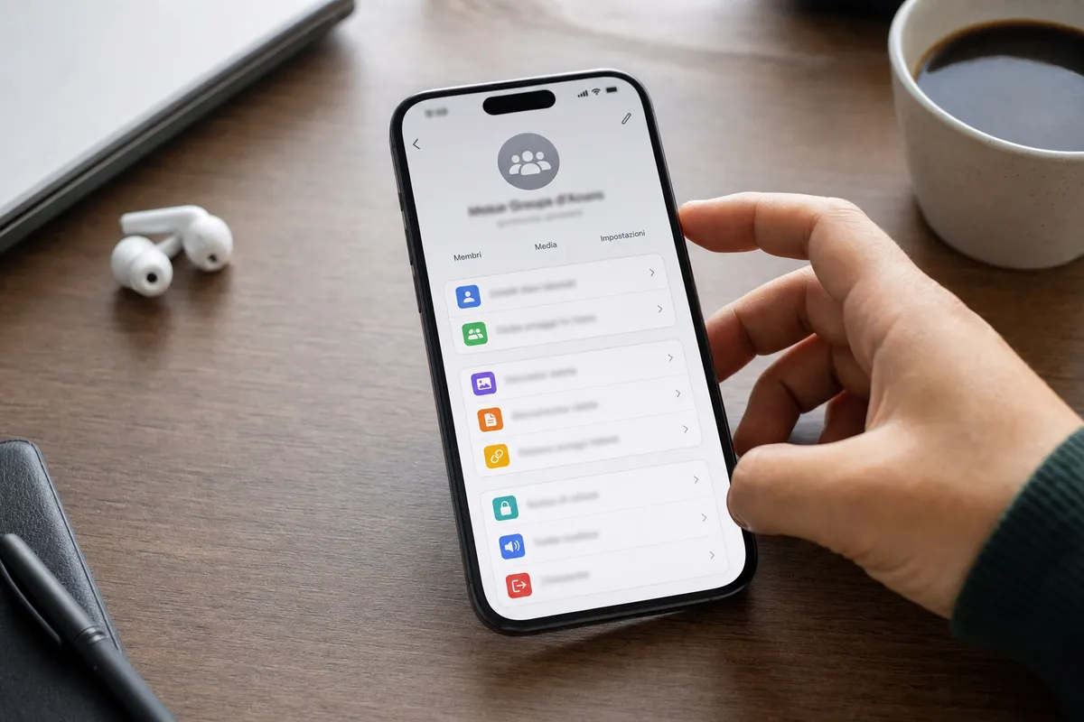 iPhone su scrivania con schermata info gruppo e schede Membri, Media e Impostazioni, mano pronta a toccare
