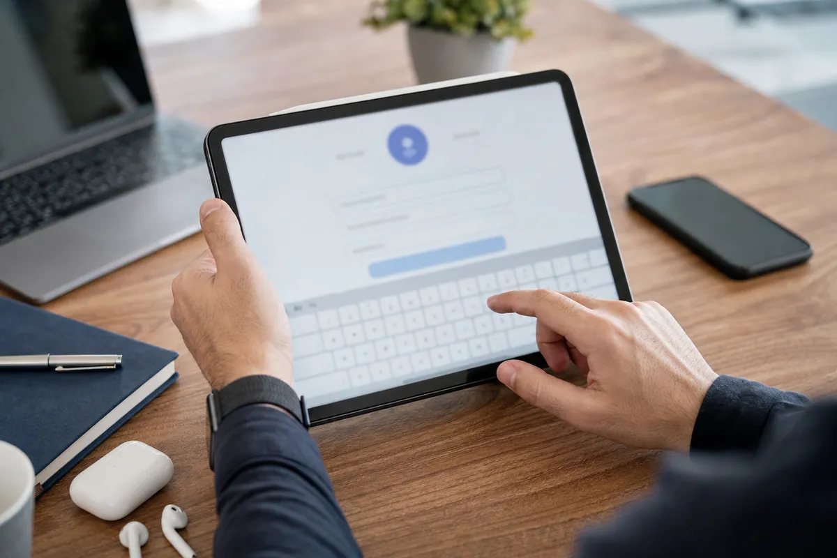 Mani che configurano un account su tablet con schermata di registrazione sfocata, smartphone appoggiato sul tavolo