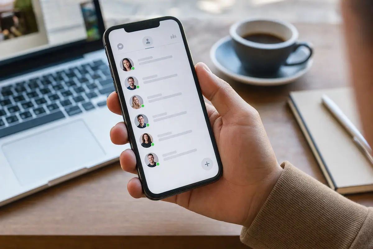 Mano che tiene uno smartphone con una lista di contatti e puntini verdi di stato online sullo schermo