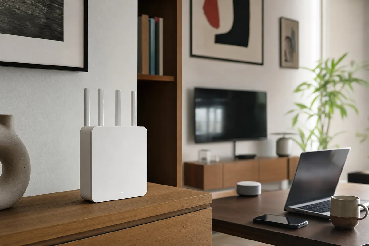 Router Wi‑Fi bianco su mobile in legno in un soggiorno, con laptop e smartphone su un tavolo e TV sfocata sullo sfondo