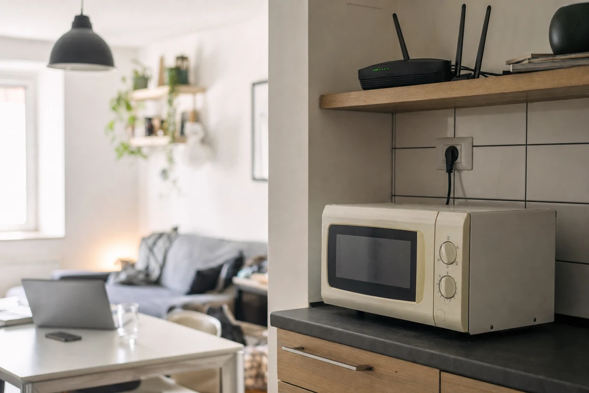 Forno a microonde su piano cucina con router Wi‑Fi su mensola sopra, in un open space domestico