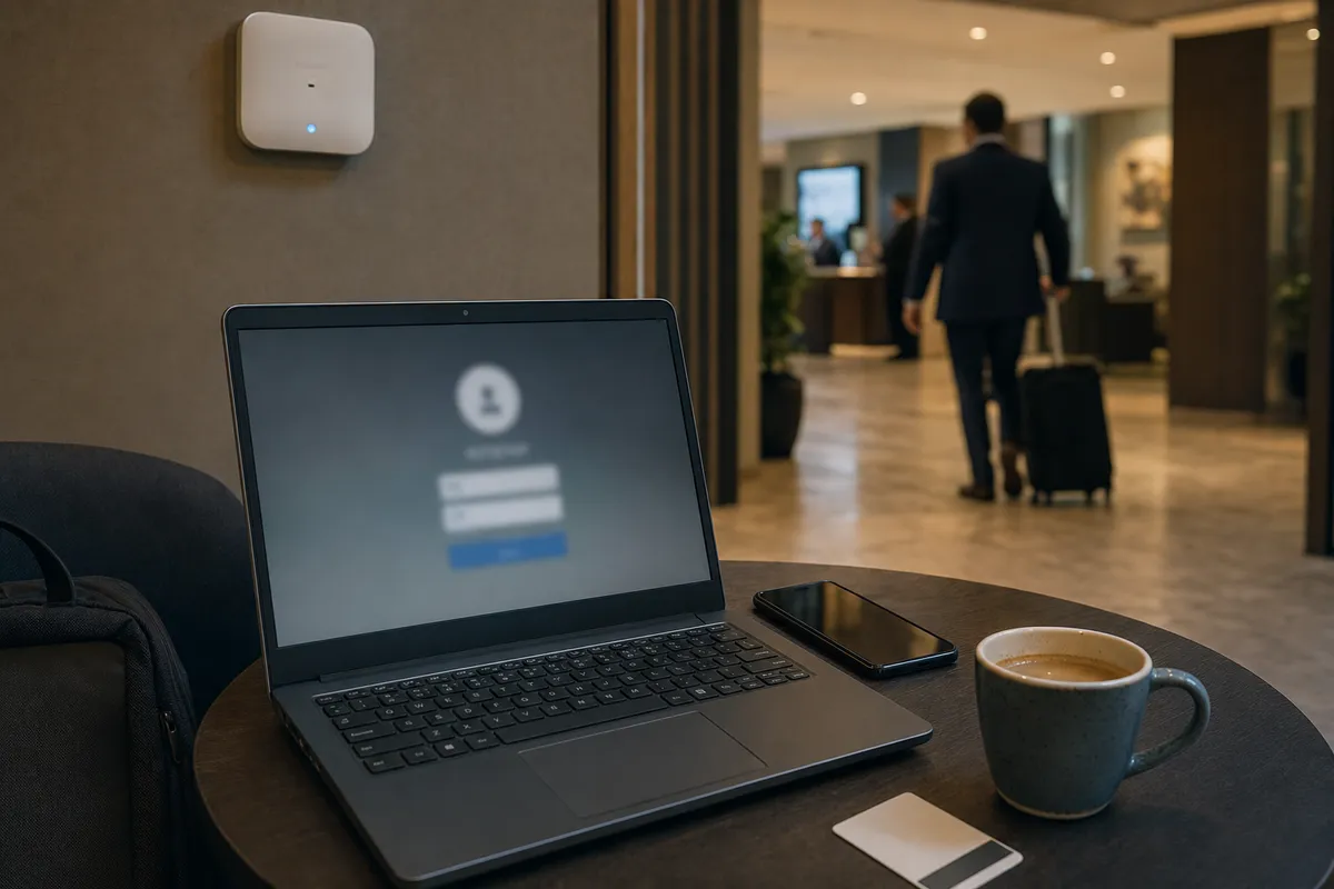 Laptop con schermata di login sfocata su un tavolino in hotel, con smartphone, tazza di caffè e access point Wi‑Fi a parete