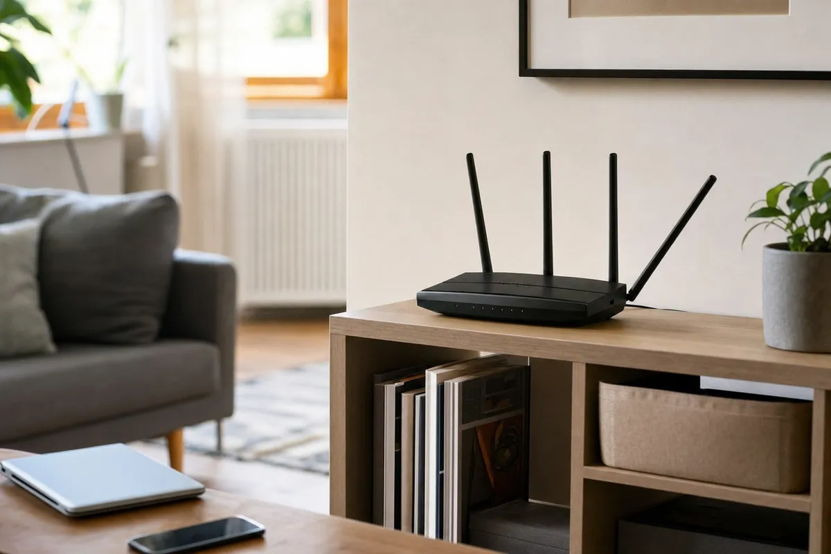 Router Wi‑Fi nero con quattro antenne su un mobile in salotto, con smartphone e laptop in primo piano