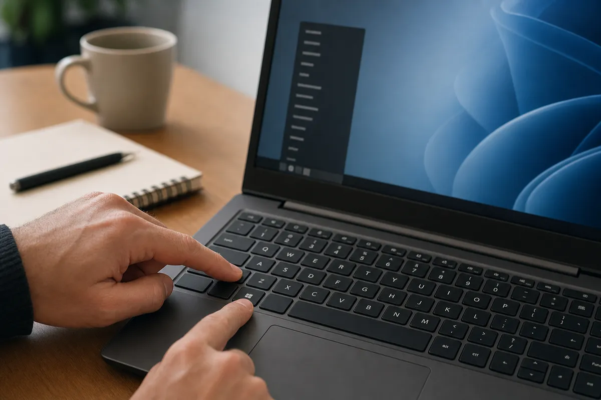 Mani che premono Windows e X sulla tastiera di un portatile, con menu contestuale scuro sfocato sullo schermo