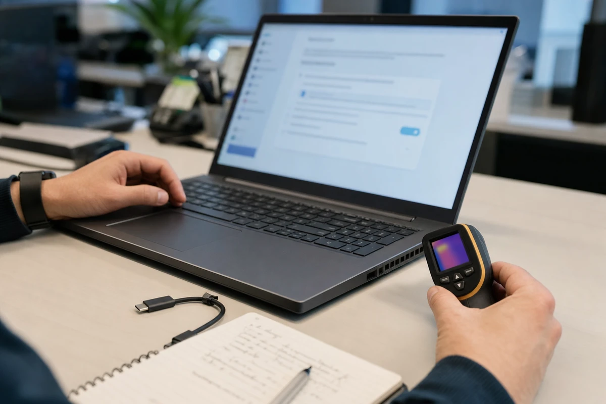 Tecnico controlla un laptop con finestra di aggiornamento sfocata, usando un termometro a infrarossi su una scrivania