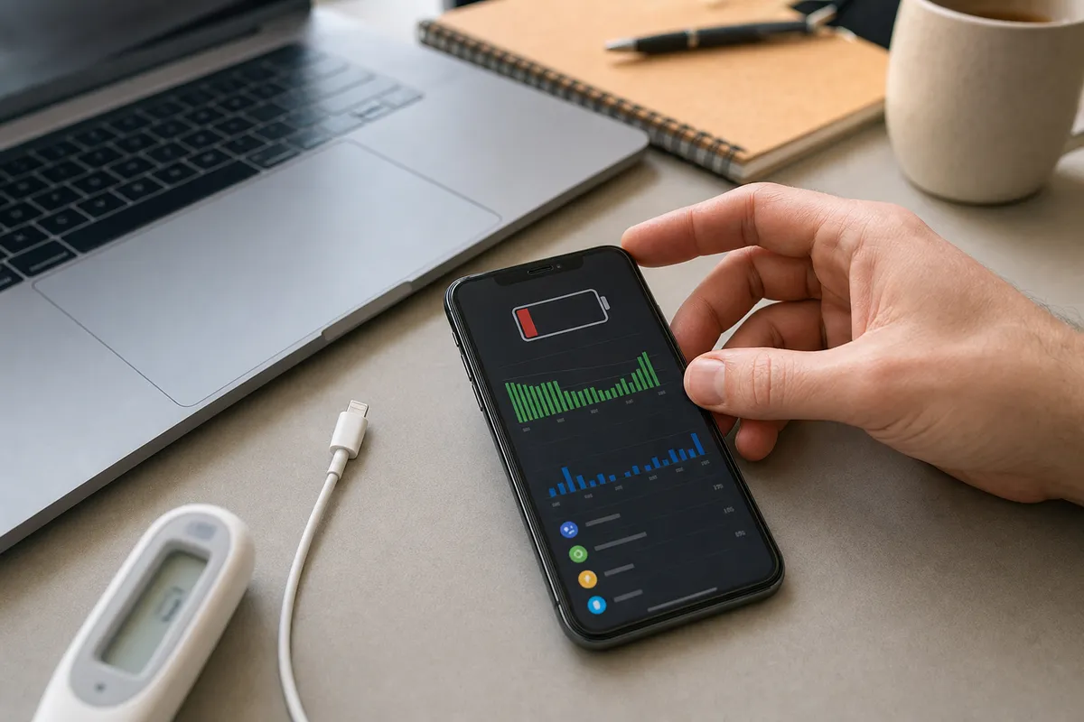 Smartphone con schermata consumi batteria e icona batteria scarica su scrivania, accanto a laptop e cavo di ricarica