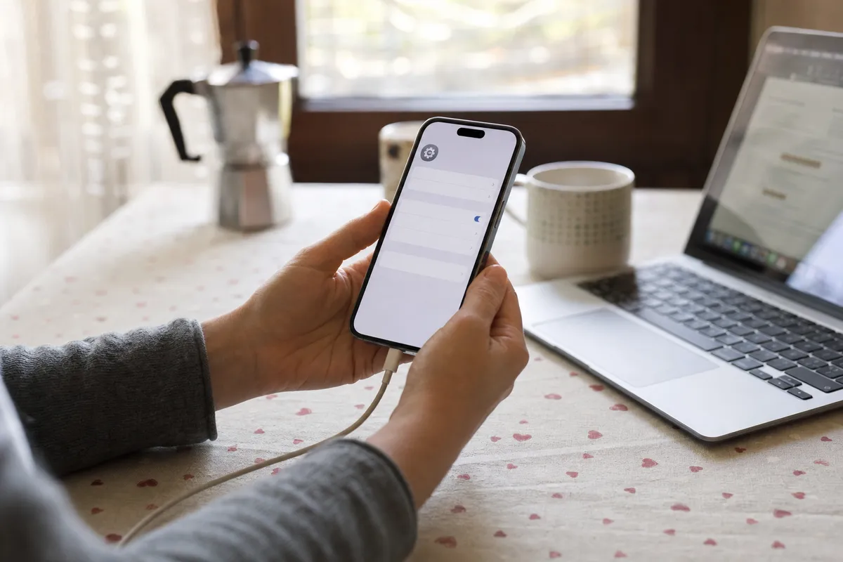 Mani che tengono uno smartphone con schermata impostazioni, collegato al cavo di ricarica, accanto a laptop e tazza