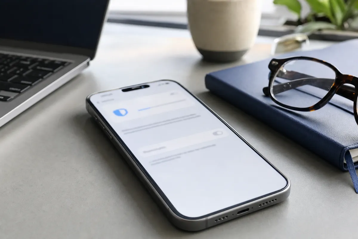 Smartphone su una scrivania con schermata di aggiornamento sfocata, accanto a tastiera del laptop e occhiali