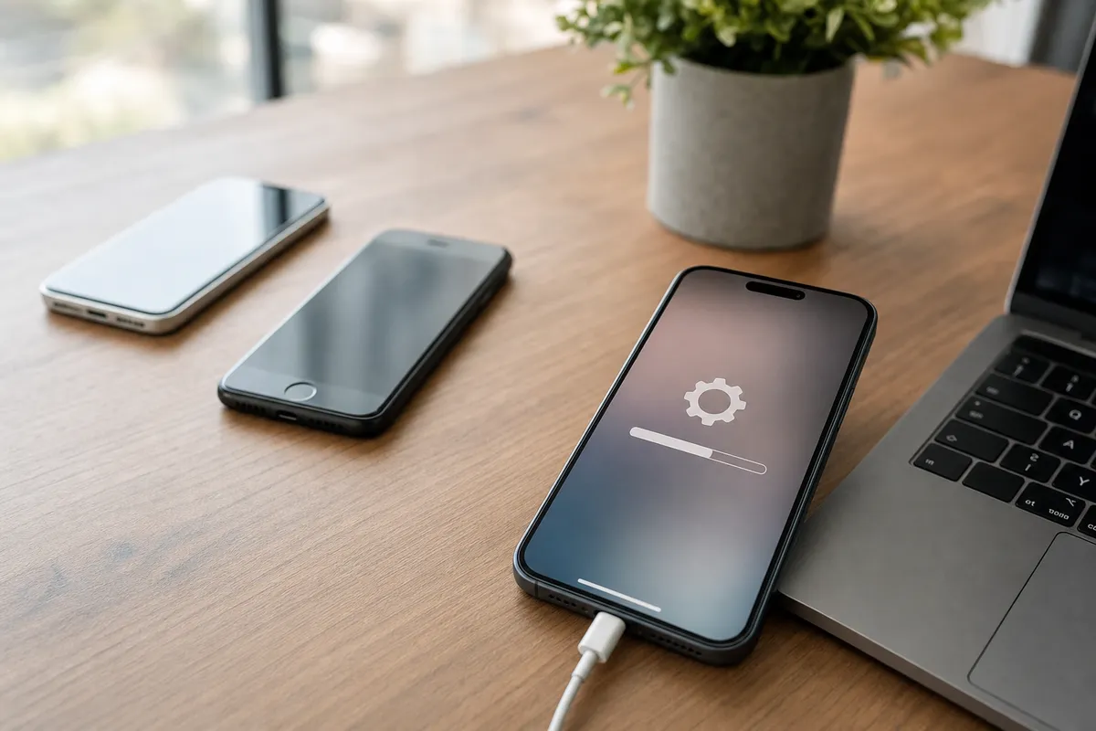 Tre smartphone su una scrivania in legno; quello in primo piano mostra un’icona di aggiornamento con barra di avanzamento