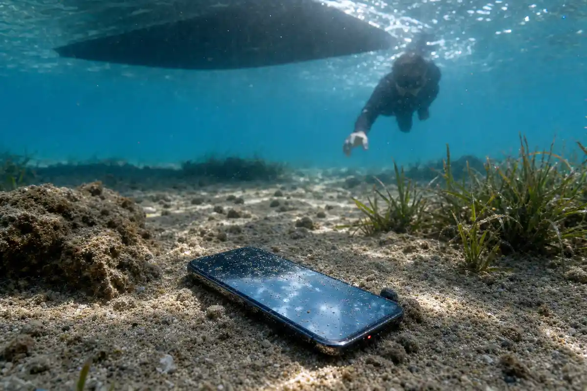 Smartphone sul fondale sabbioso sott’acqua, con un sub che si avvicina e lo scafo di uno yacht in superficie
