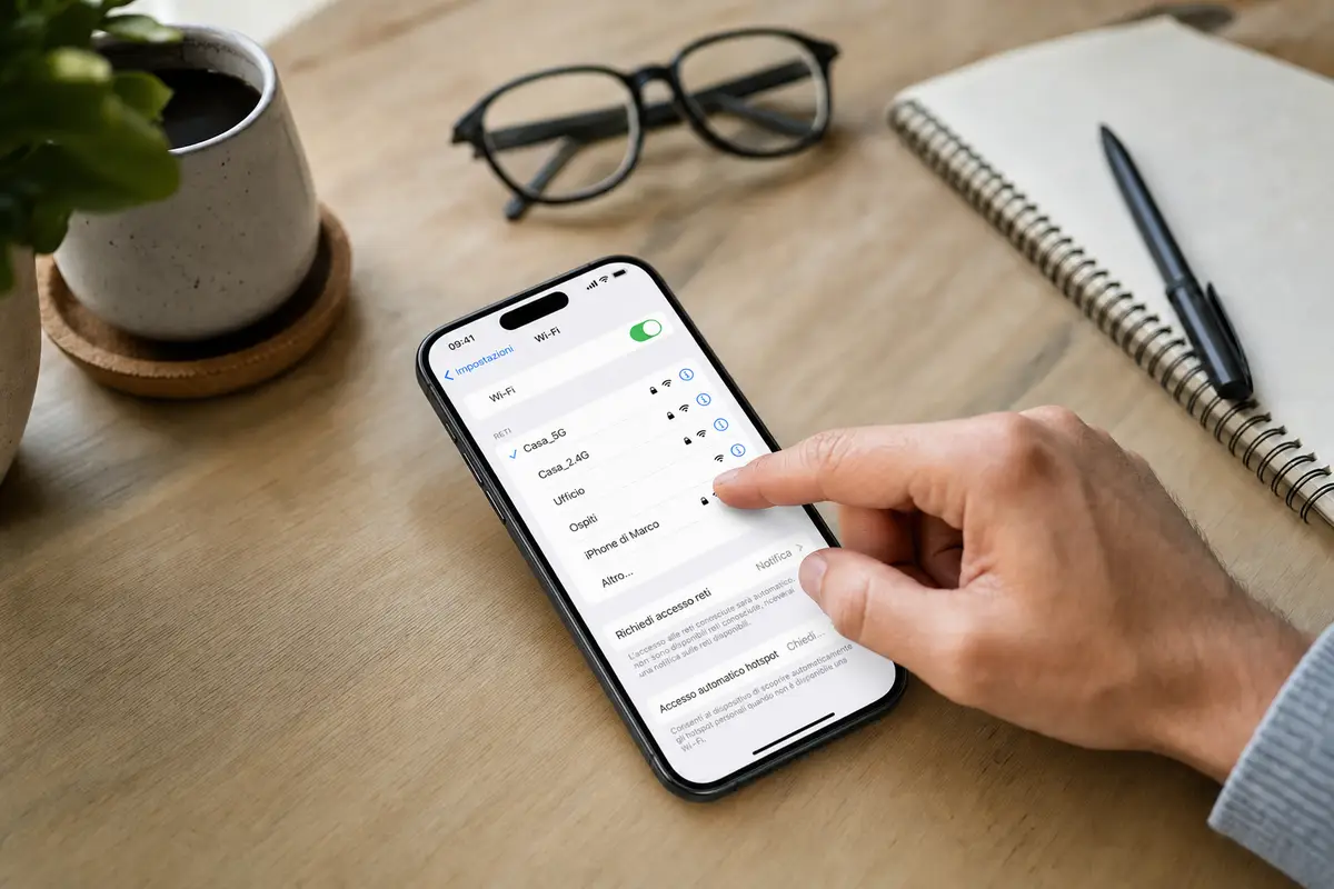 Mano che tocca le impostazioni Wi‑Fi su iPhone appoggiato su una scrivania con occhiali e taccuino