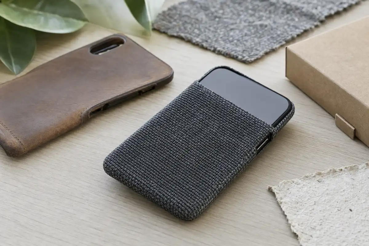 Smartphone in cover grigia in tessuto intrecciato, con vecchia custodia in pelle marrone e scatola in cartone sul tavolo