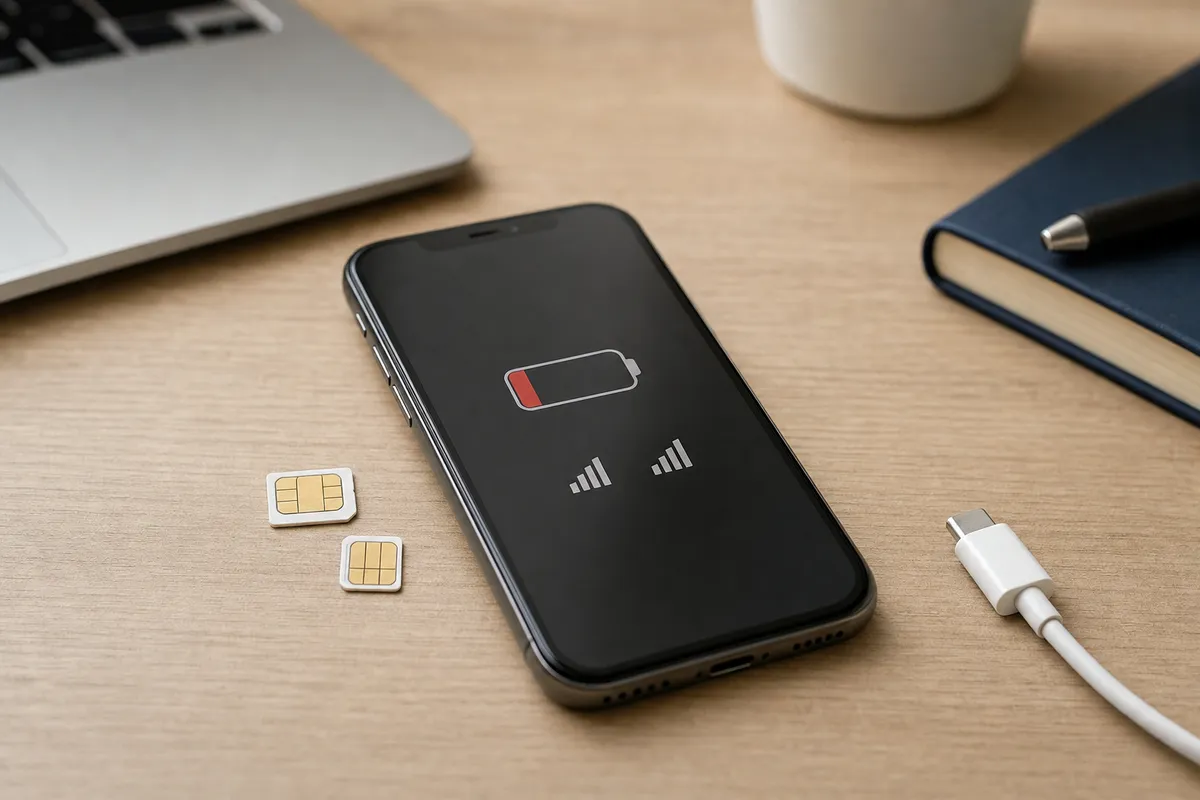 Smartphone su scrivania con icona batteria scarica, due indicatori di segnale, due SIM e cavo di ricarica vicino
