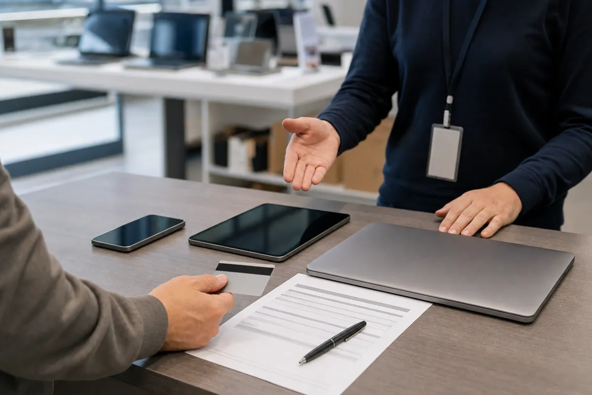 Smartphone, tablet e laptop su un bancone con contratto e penna, mentre un cliente mostra una carta e un addetto spiega