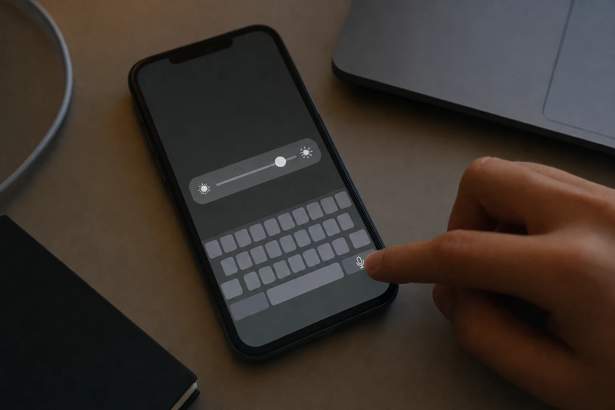 Smartphone su una scrivania con slider della luminosità e tastiera a schermo; un dito tocca l’icona del microfono