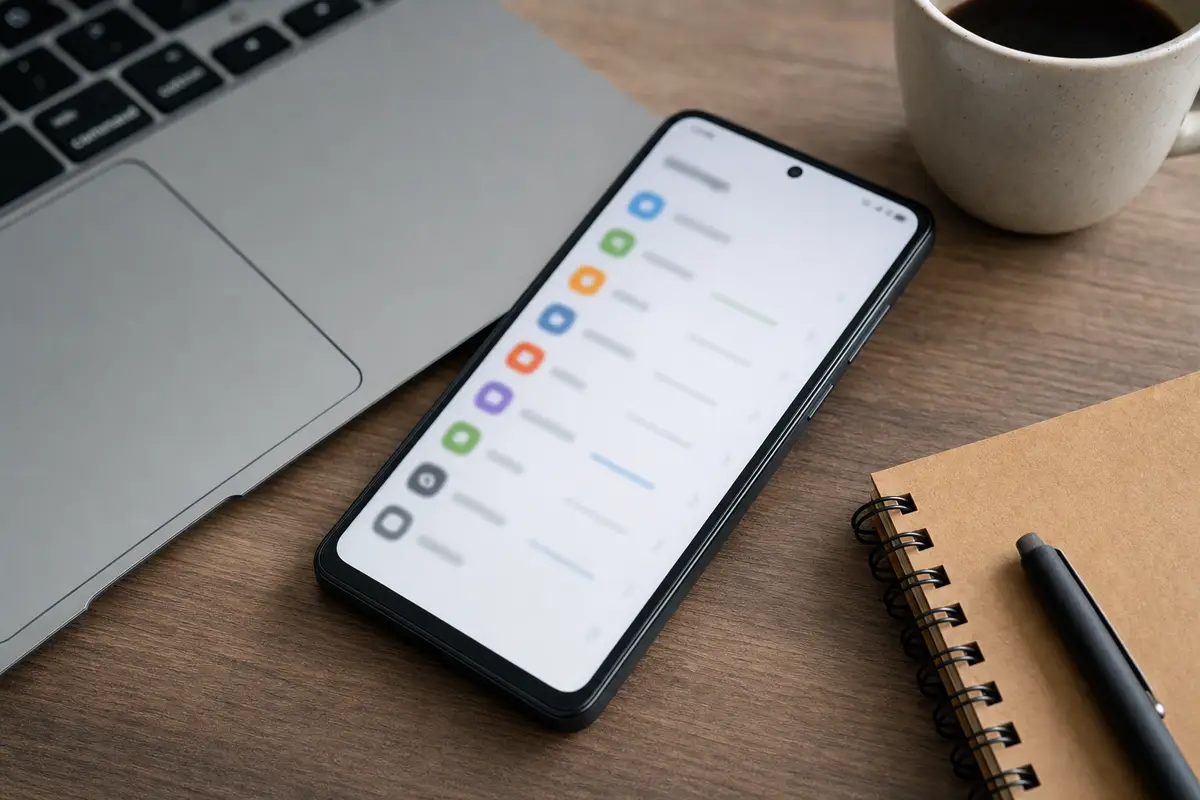 Smartphone su scrivania con schermata di gestione app sfocata, accanto a laptop, tazza di caffè e taccuino