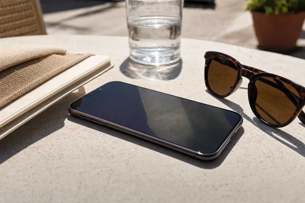 Smartphone con schermo scuro su un tavolino al sole, accanto a occhiali da sole e un bicchiere d’acqua