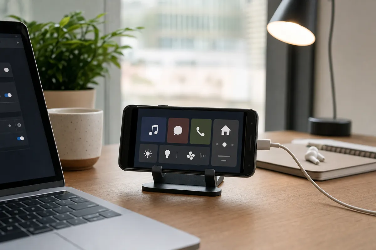 Smartphone in orizzontale su supporto da scrivania con interfaccia a riquadri tipo dashboard, collegato a un cavo