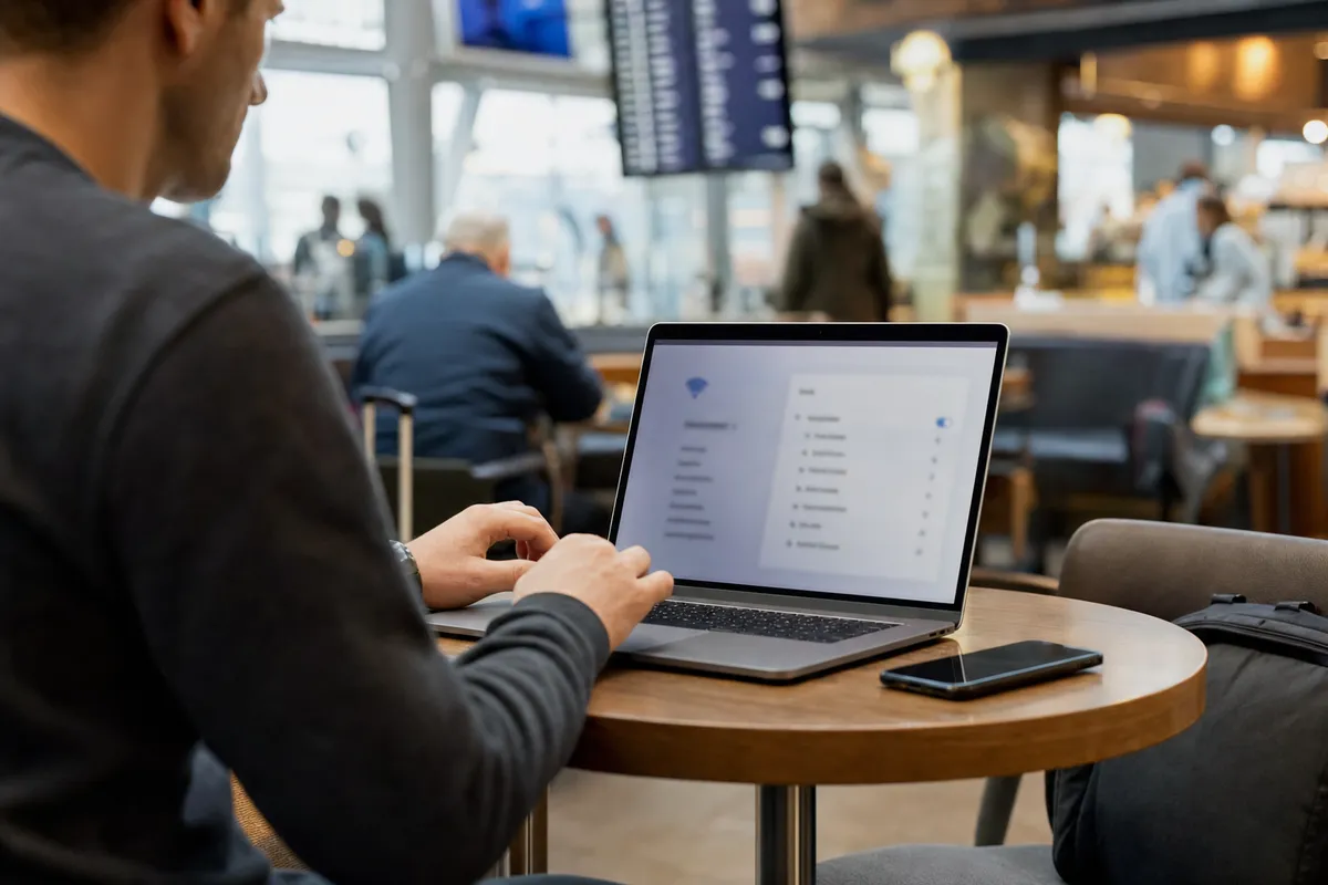 Persona usa un laptop con schermata Wi-Fi in un’area d’attesa pubblica, con smartphone sul tavolo
