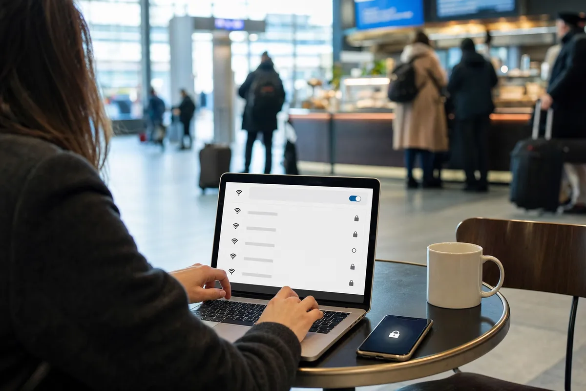 Persona al tavolo in un bar di aeroporto con laptop aperto sulle reti Wi‑Fi e smartphone con icona lucchetto